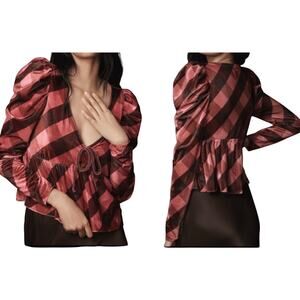 MAEVE Anthropologie Velvet Plaid Babydoll Puff Sleeve Top Dark Academia M - NWT